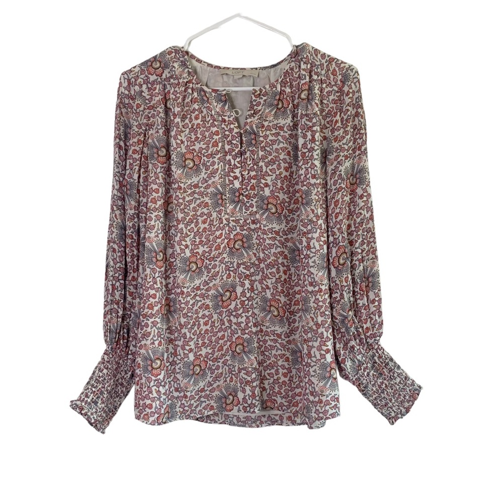 LOFT Pink Geometric Pattern Long Sleeve Blouse Size SP Women